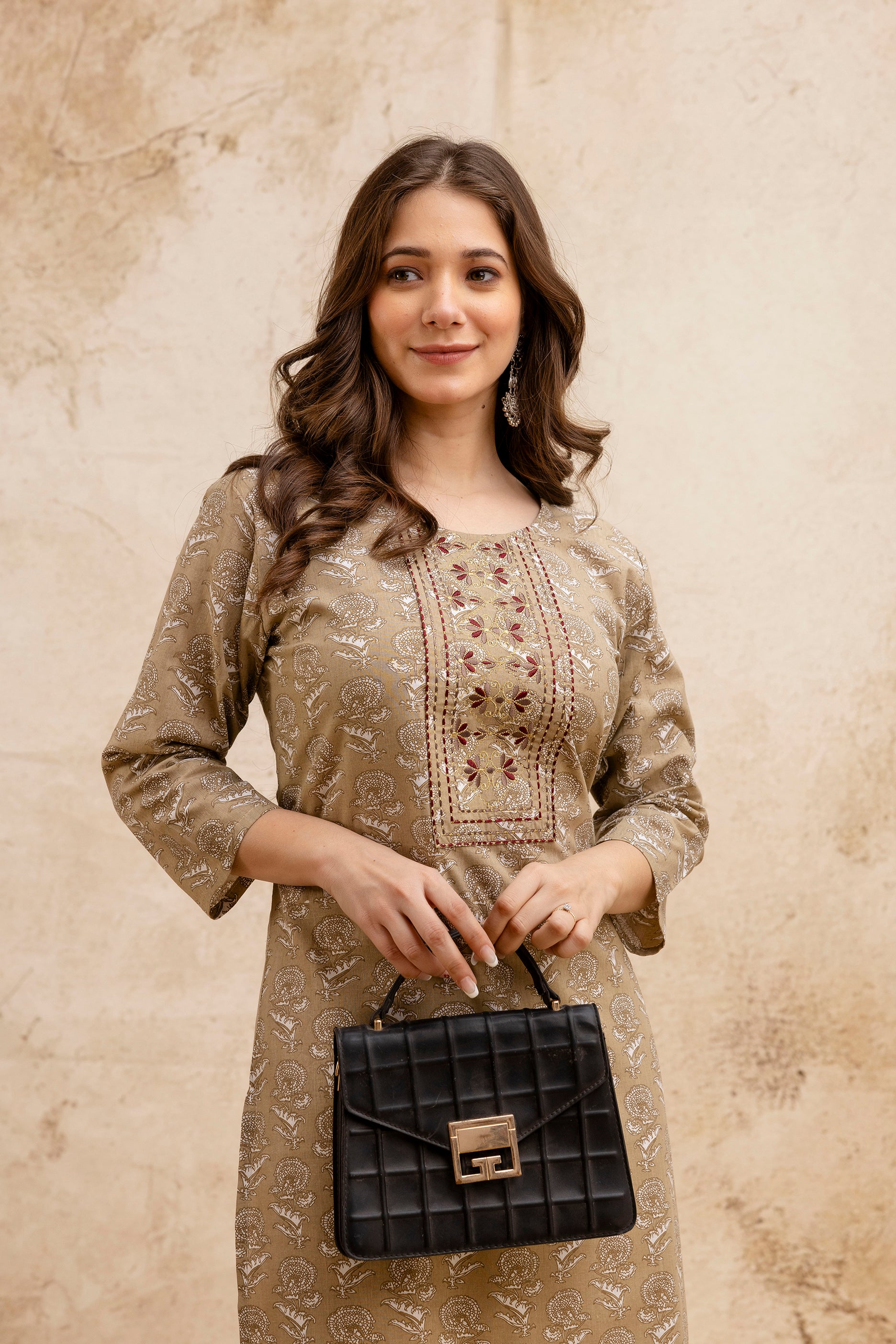 Beige Printed Embroidered Cotton Straight Kurta.