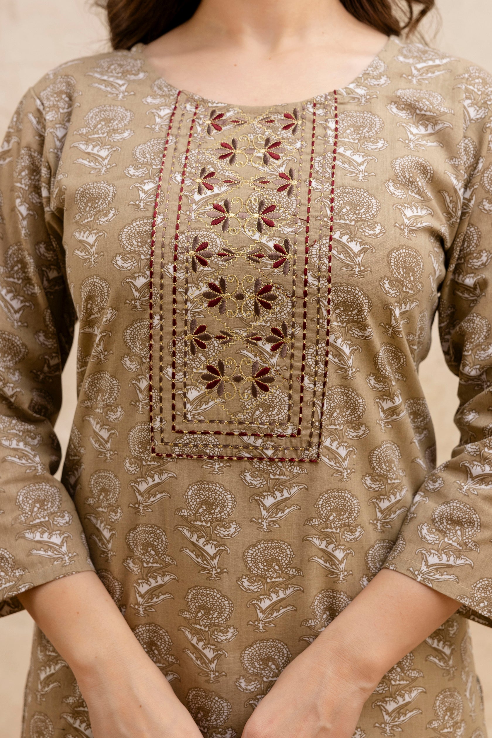 Beige Printed Embroidered Cotton Straight Kurta.