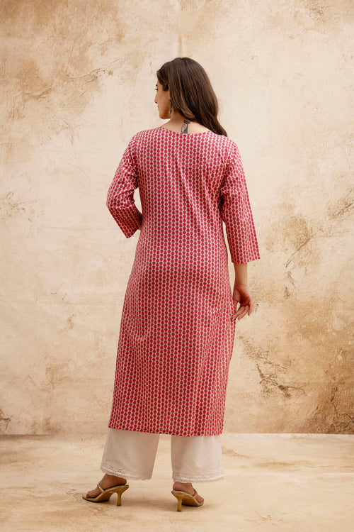 Pink Printed Embroidered Pure Cotton Straight Kurta