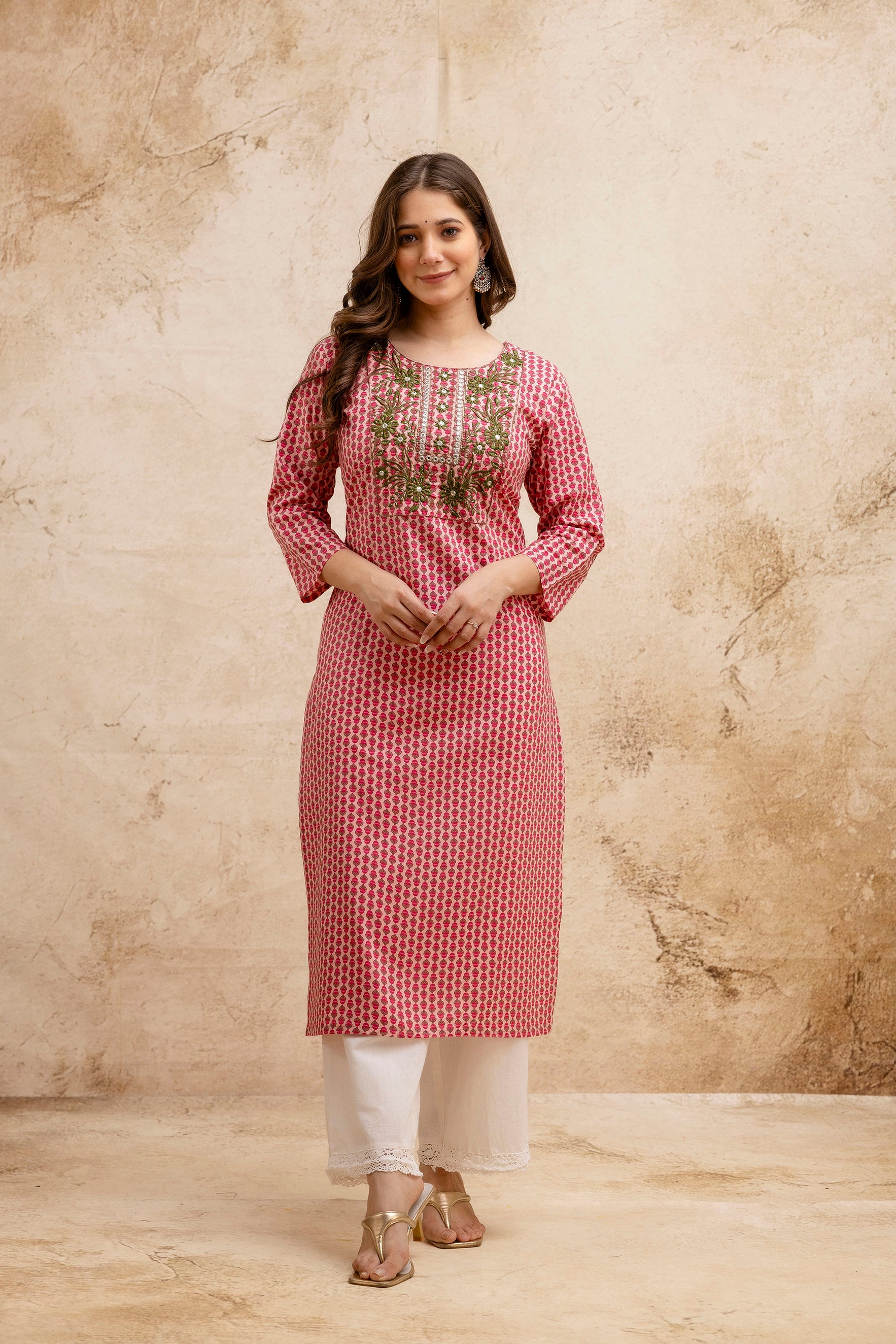 Pink Printed Embroidered Pure Cotton Straight Kurta