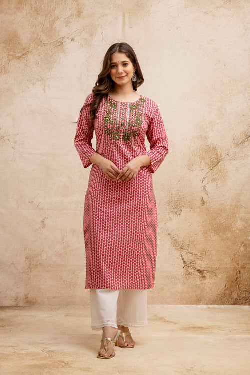 Pink Printed Embroidered Pure Cotton Straight Kurta