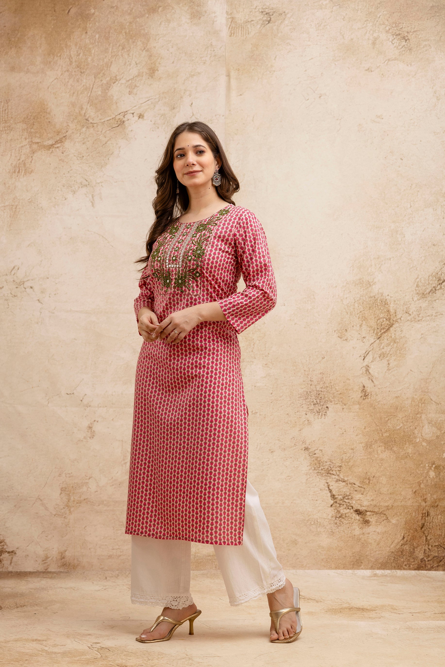 Pink Printed Embroidered Pure Cotton Straight Kurta