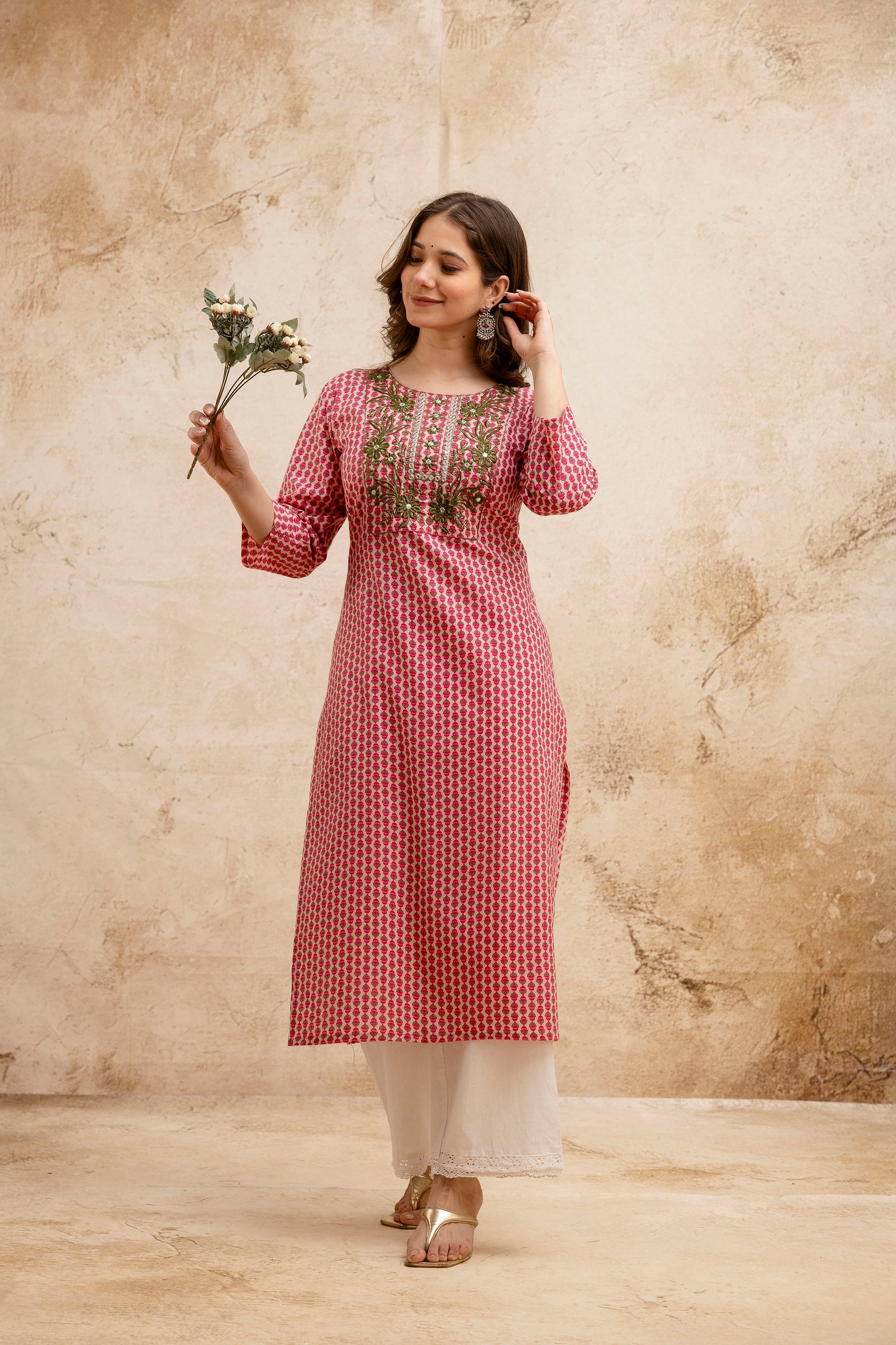 Pink Printed Embroidered Pure Cotton Straight Kurta