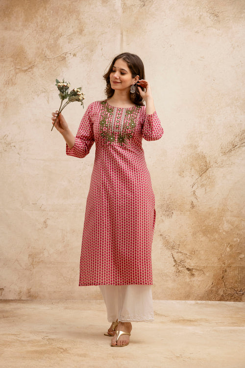 Pink Printed Embroidered Pure Cotton Straight Kurta