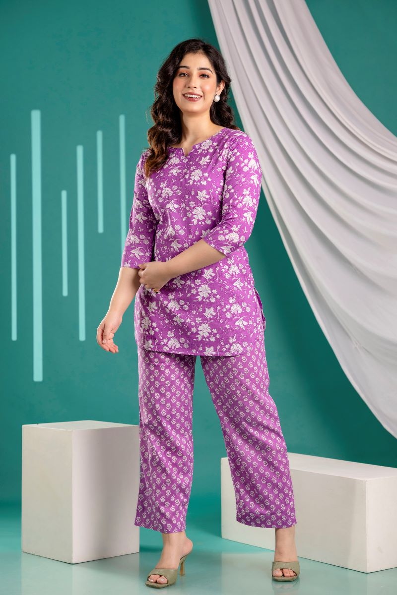 Floral Jaal Purple Print Cotton Co-ord set.