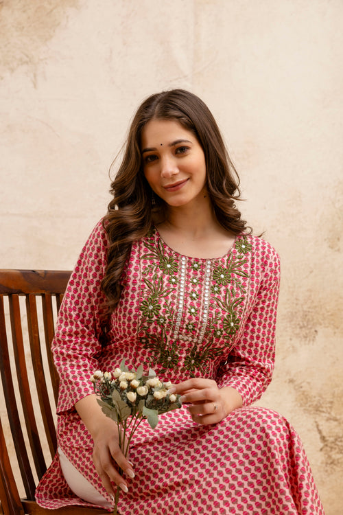 Pink Printed Embroidered Pure Cotton Straight Kurta