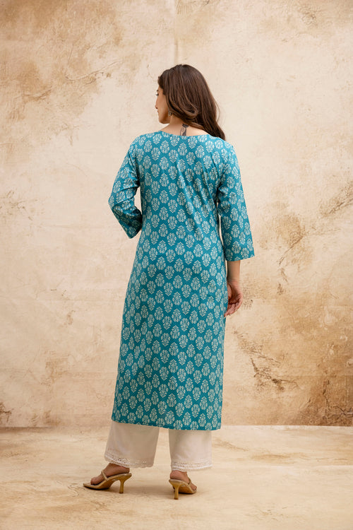 Sea Green Block Print Embroidered Cotton Straight Kurta.