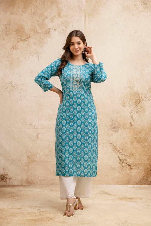 Sea Green Block Print Embroidered Cotton Straight Kurta.