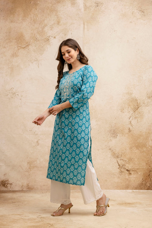 Sea Green Block Print Embroidered Cotton Straight Kurta.