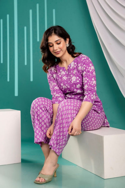 Floral Jaal Purple Print Cotton Co-ord set.