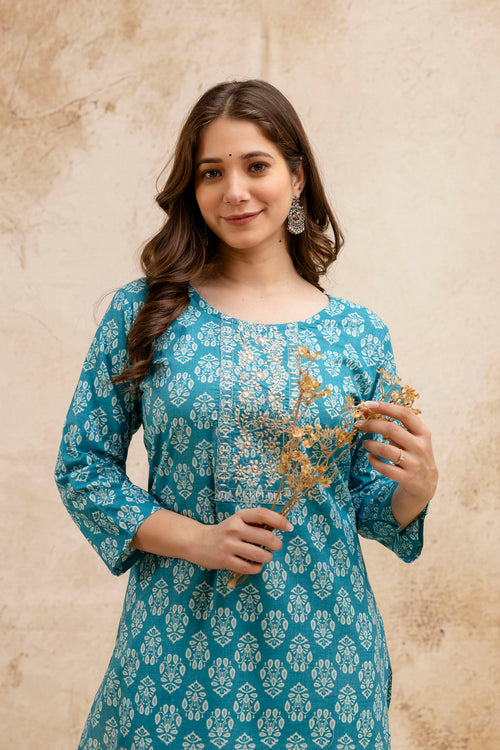 Sea Green Block Print Embroidered Cotton Straight Kurta.