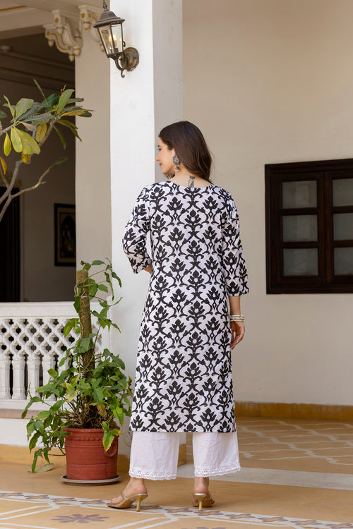 Black Printed Embroidered Pure Cotton Straight Kurta.