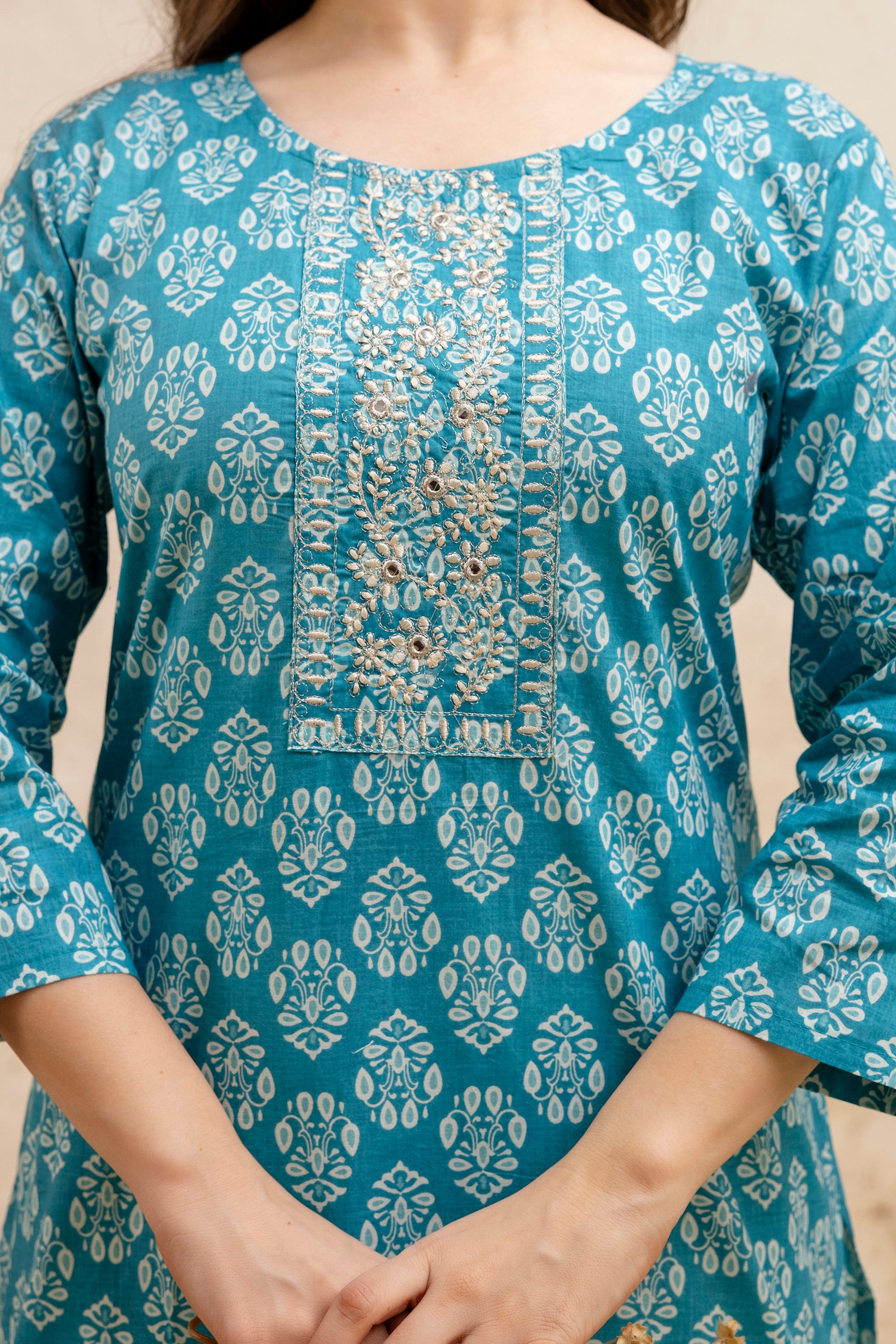 Sea Green Block Print Embroidered Cotton Straight Kurta.