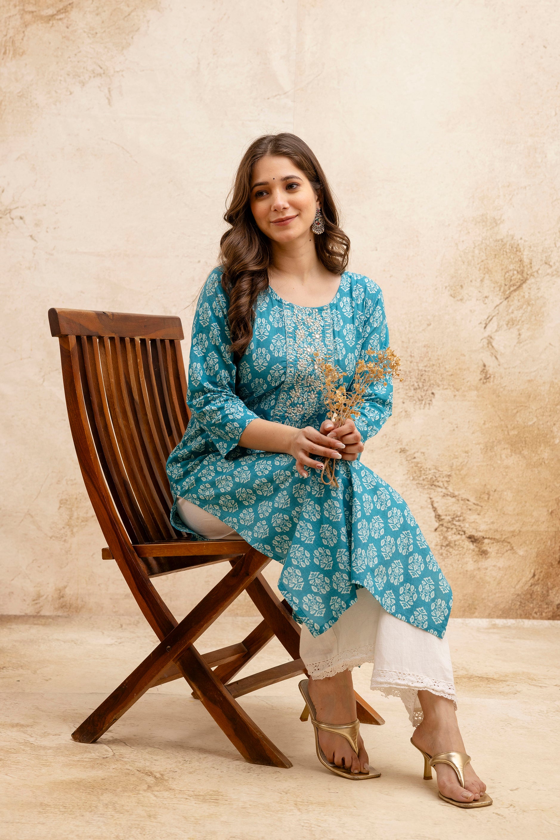 Sea Green Block Print Embroidered Cotton Straight Kurta.