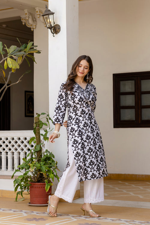 Black Printed Embroidered Pure Cotton Straight Kurta.