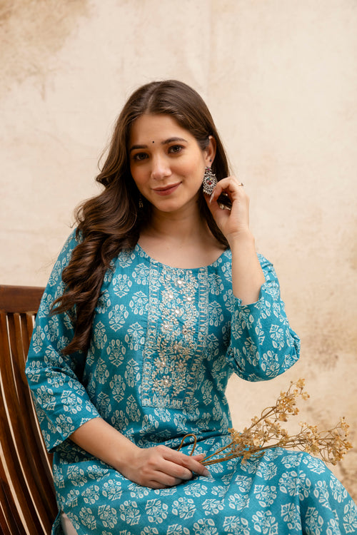 Sea Green Block Print Embroidered Cotton Straight Kurta.