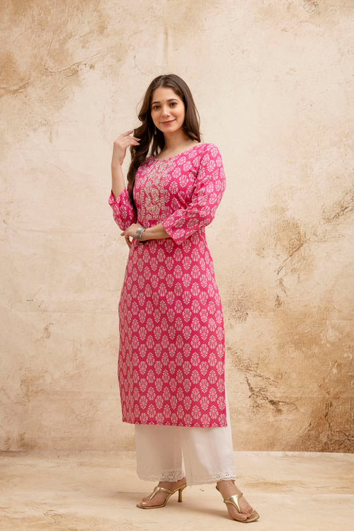 Pink Block Print Embroidered Cotton Straight Kurta.