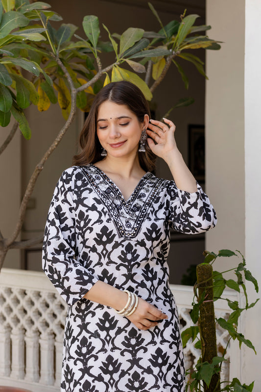 Black Printed Embroidered Pure Cotton Straight Kurta.