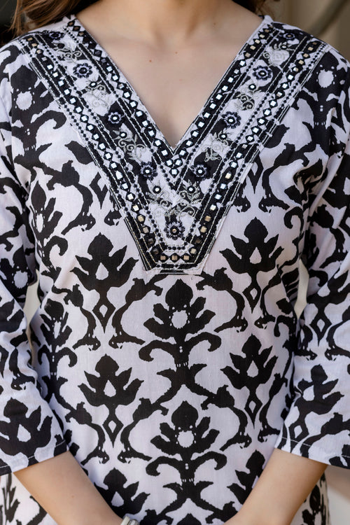 Black Printed Embroidered Pure Cotton Straight Kurta.