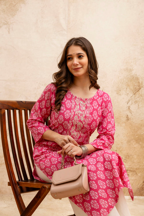 Pink Block Print Embroidered Cotton Straight Kurta.