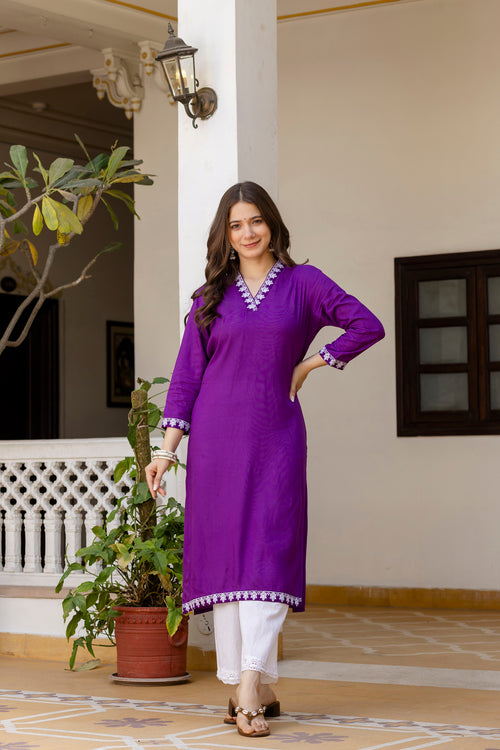 Purple Printed Embroidered Pure Cotton Straight Kurta.