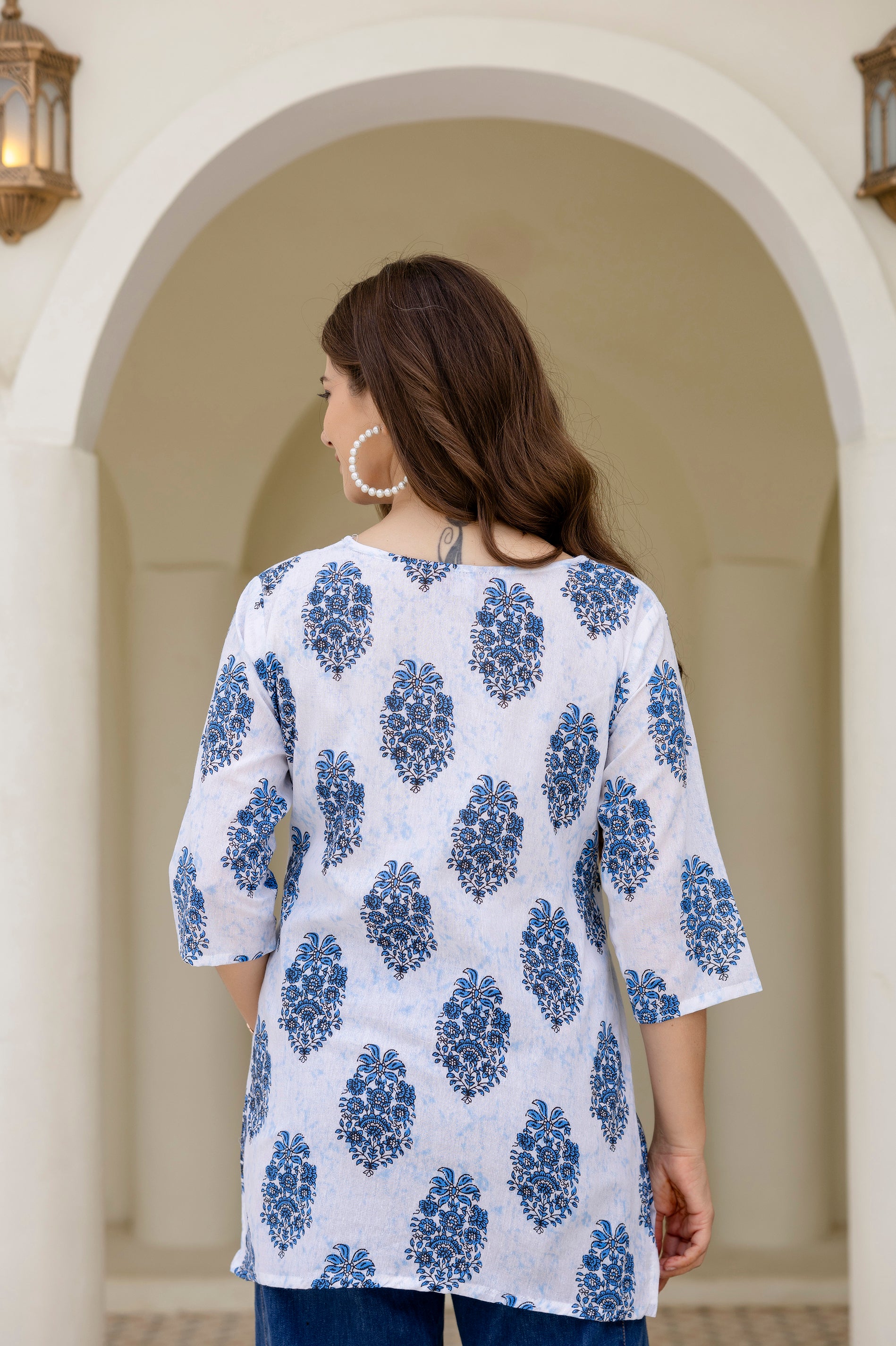 White & Blue Printed Pure Cotton Short Kurti.