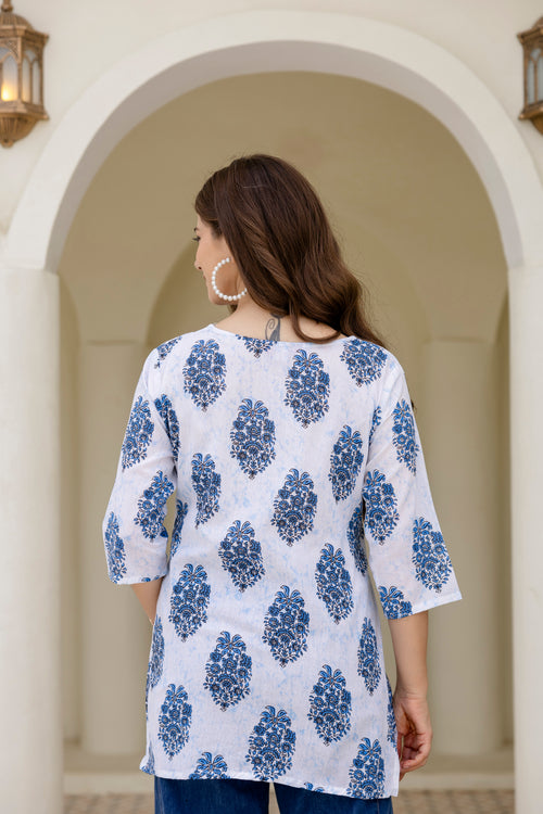 White & Blue Printed Pure Cotton Short Kurti.