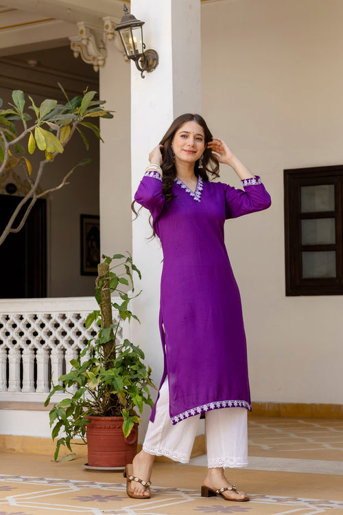 Purple Printed Embroidered Pure Cotton Straight Kurta.