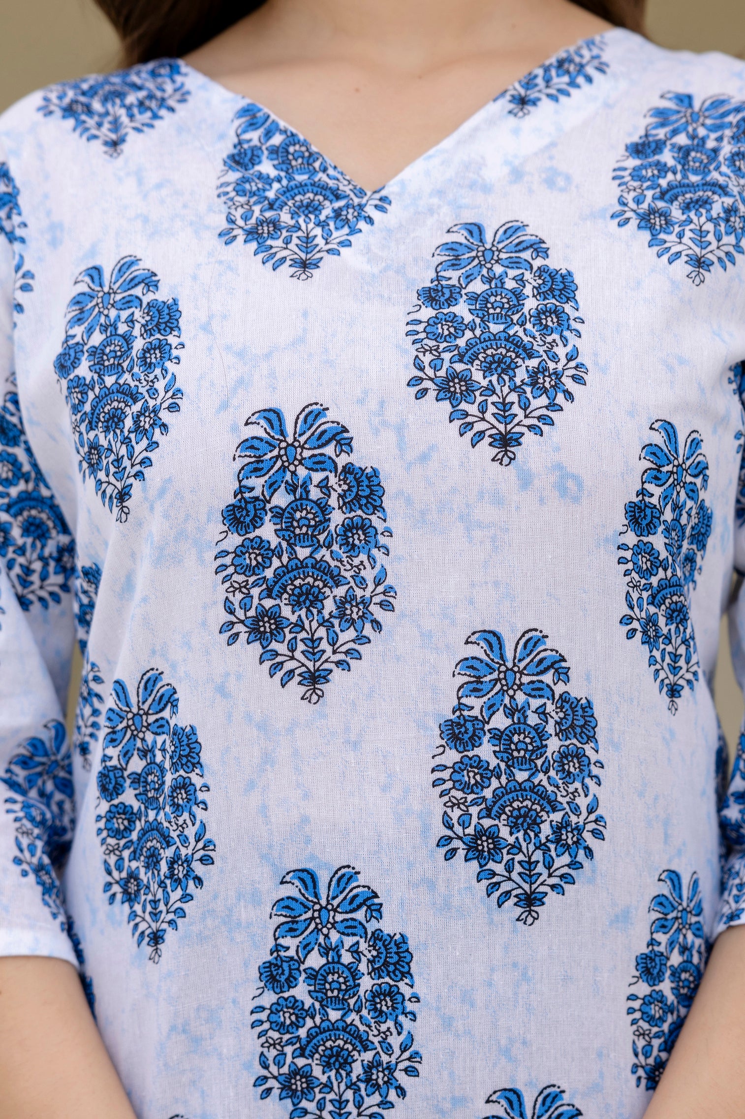 White & Blue Printed Pure Cotton Short Kurti.