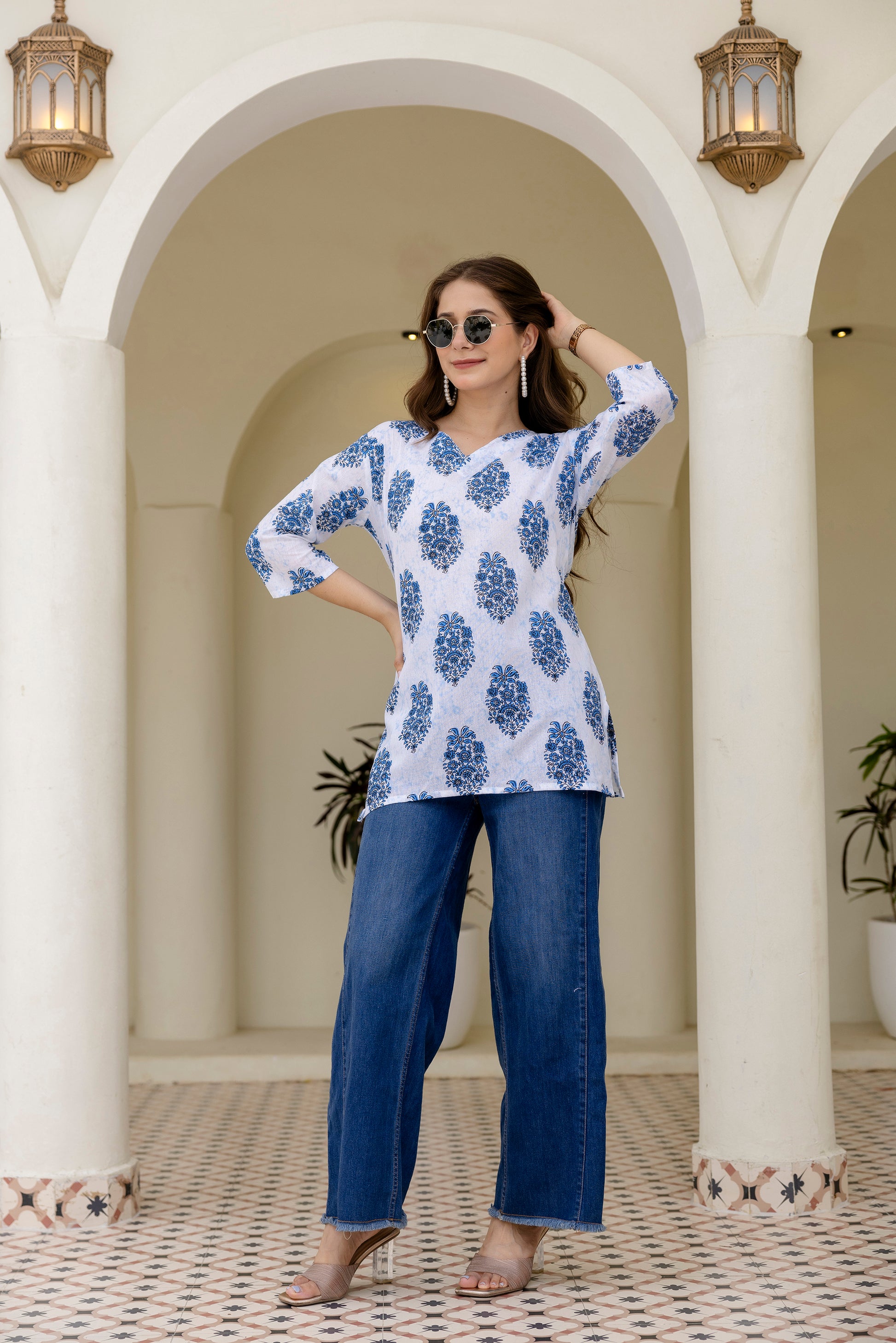 White & Blue Printed Pure Cotton Short Kurti.