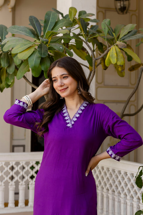 Purple Printed Embroidered Pure Cotton Straight Kurta.