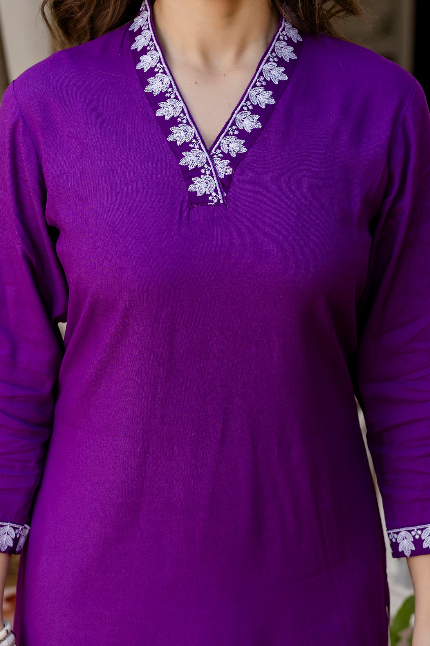 Purple Printed Embroidered Pure Cotton Straight Kurta.