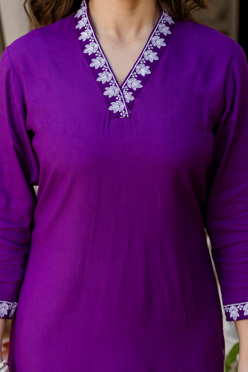 Purple Printed Embroidered Pure Cotton Straight Kurta.