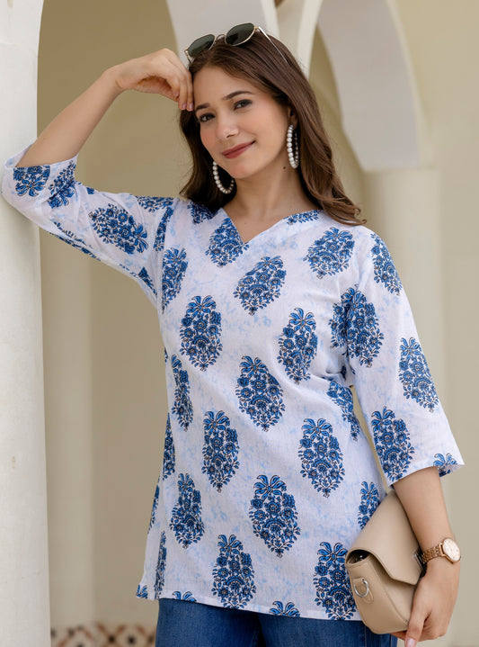 White & Blue Printed Pure Cotton Short Kurti.