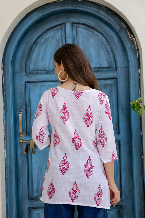 White & Pink Printed Pure Cotton Short Kurti.