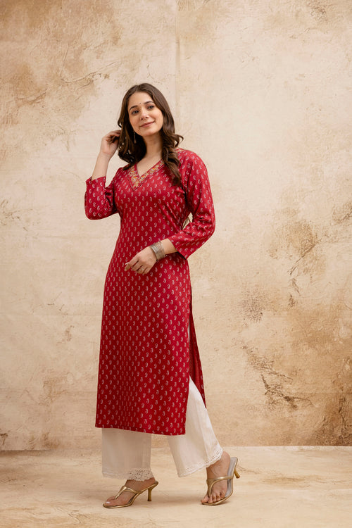 Maroon Printed Embroidered Kurta.