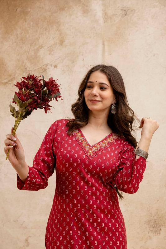 Maroon Printed Embroidered Kurta.