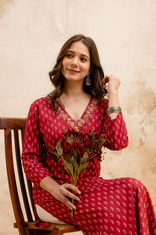 Maroon Printed Embroidered Kurta.
