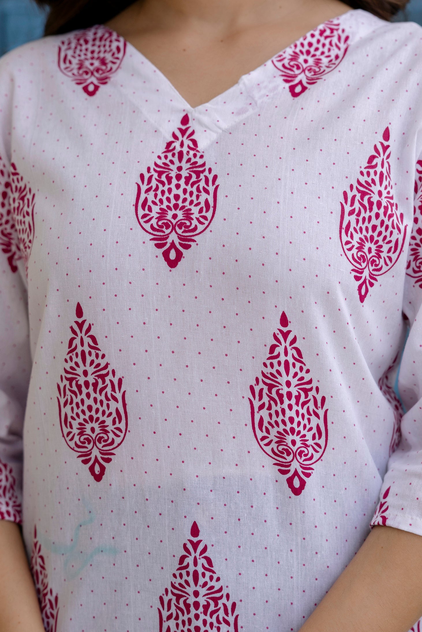 White & Pink Printed Pure Cotton Short Kurti.