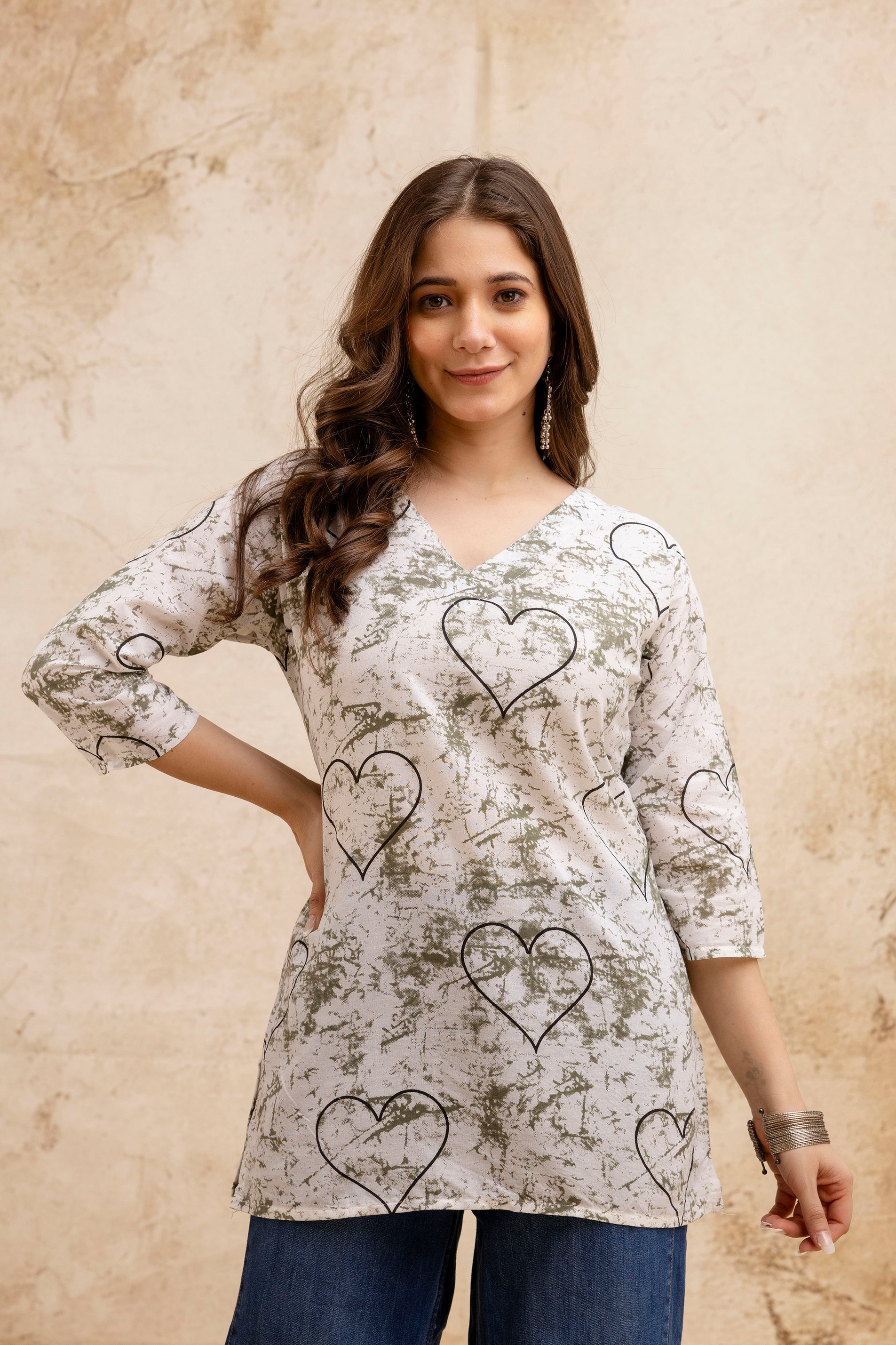 Beige & White Heart Print Pure Cotton Short Kurti