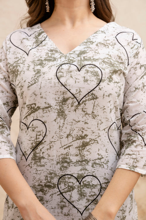 Beige & White Heart Print Pure Cotton Short Kurti