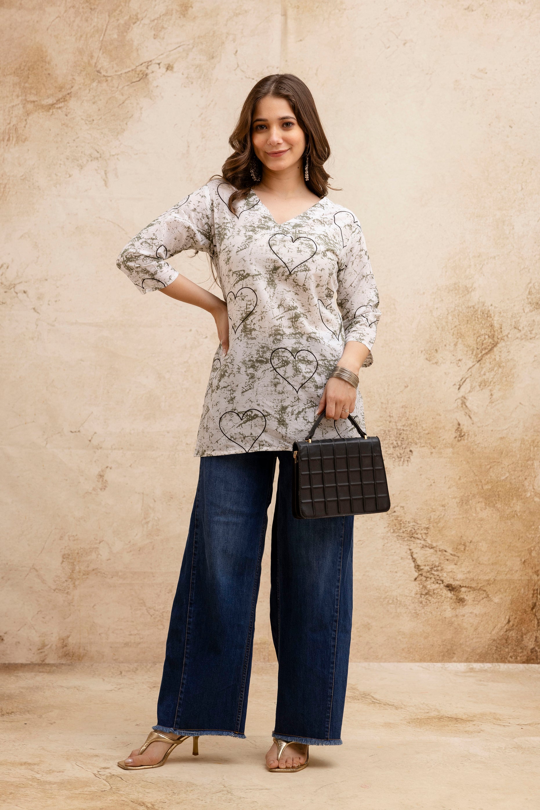Beige & White Heart Print Pure Cotton Short Kurti