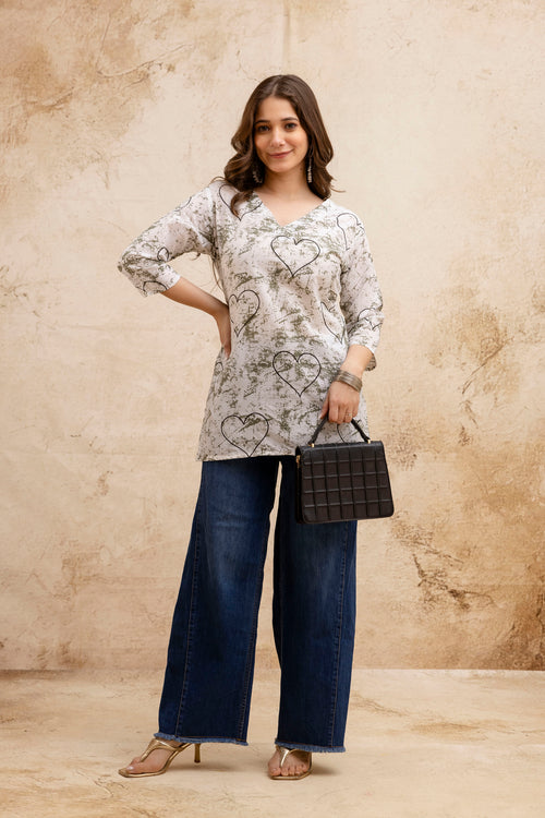 Beige & White Heart Print Pure Cotton Short Kurti
