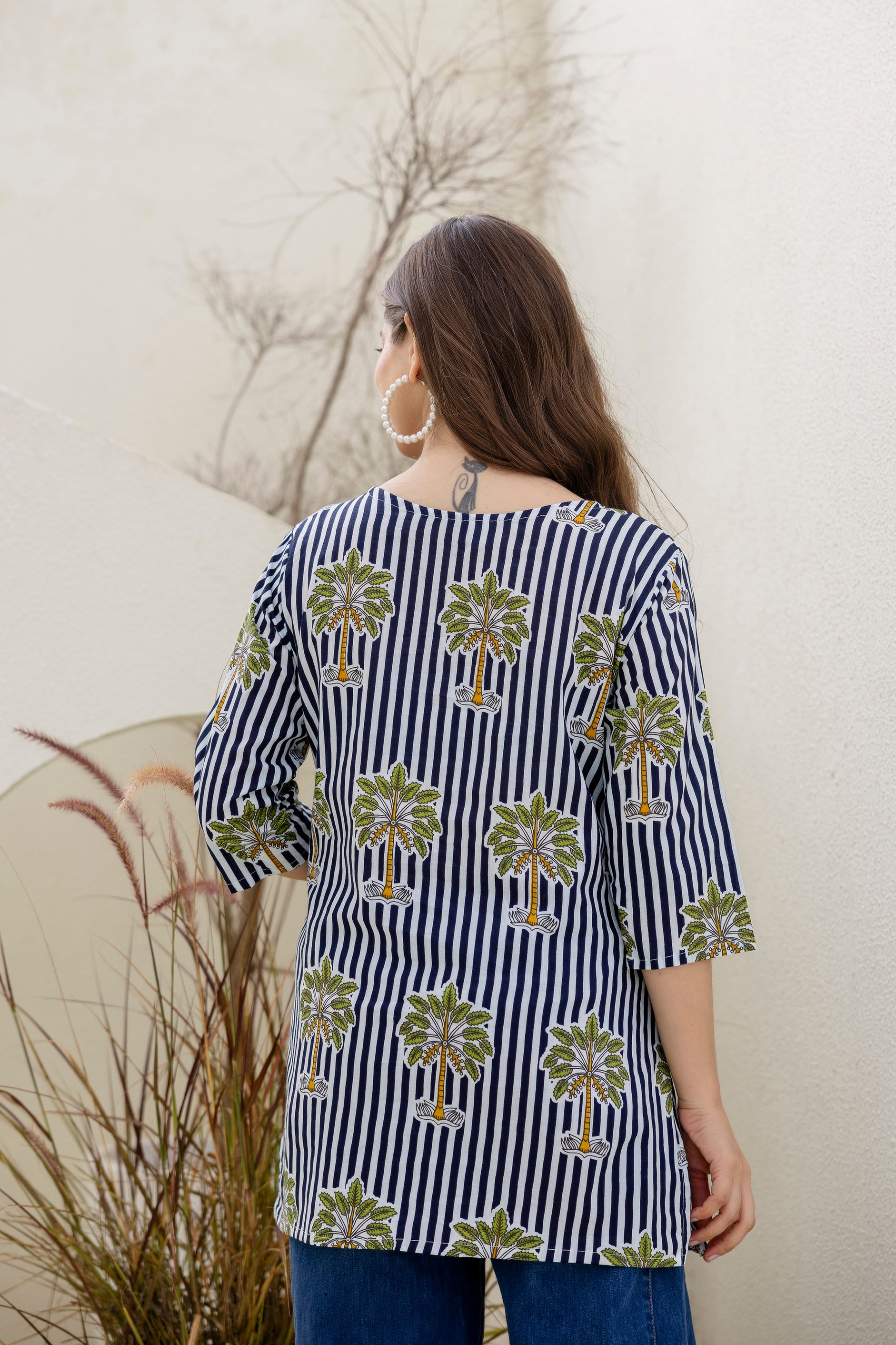 Palm Tree Print Navy Blue  Pure Cotton Short Kurti.