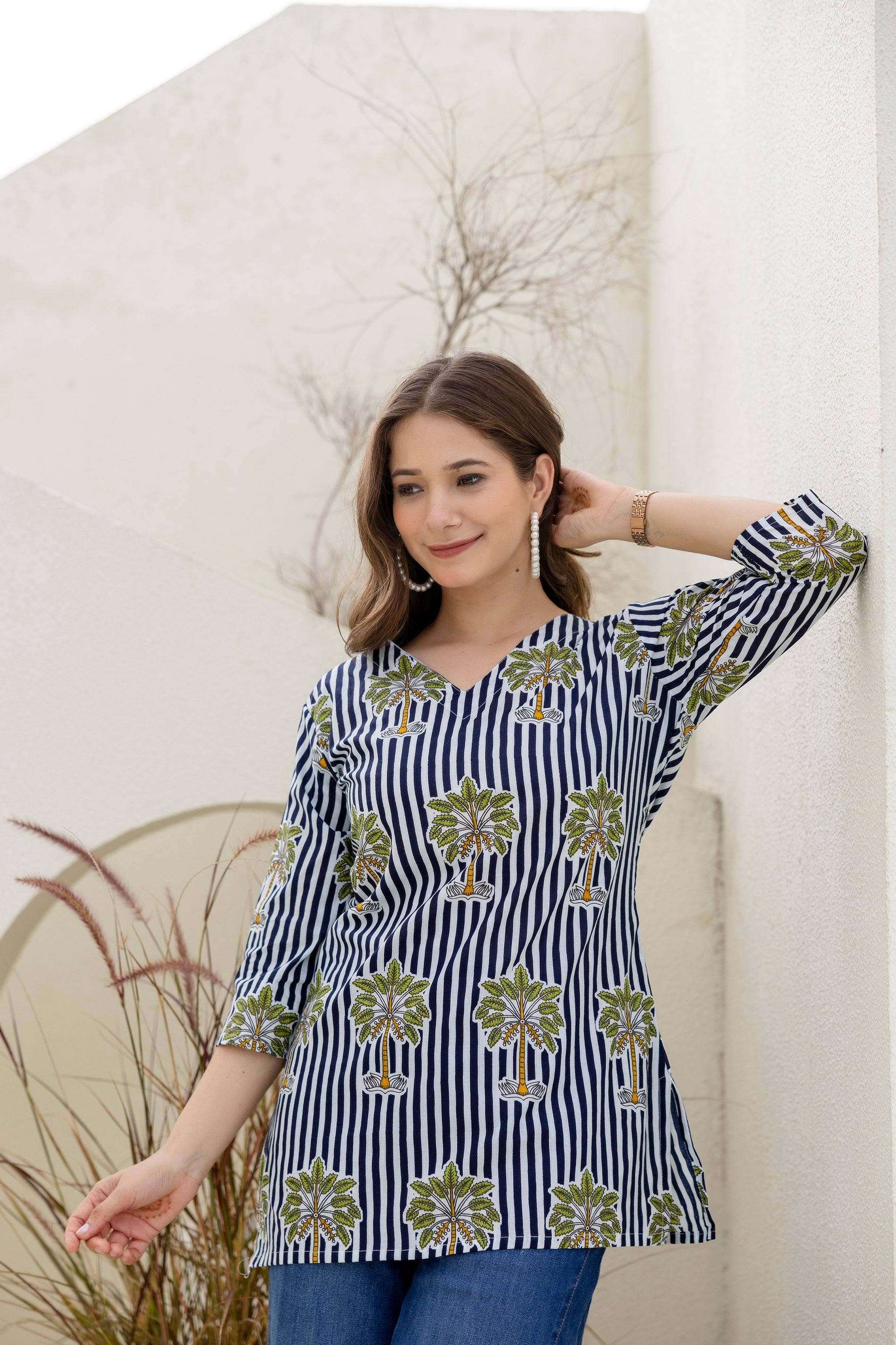 Palm Tree Print Navy Blue  Pure Cotton Short Kurti.