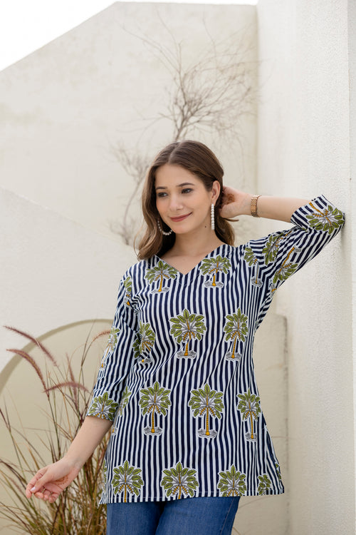 Palm Tree Print Navy Blue  Pure Cotton Short Kurti.
