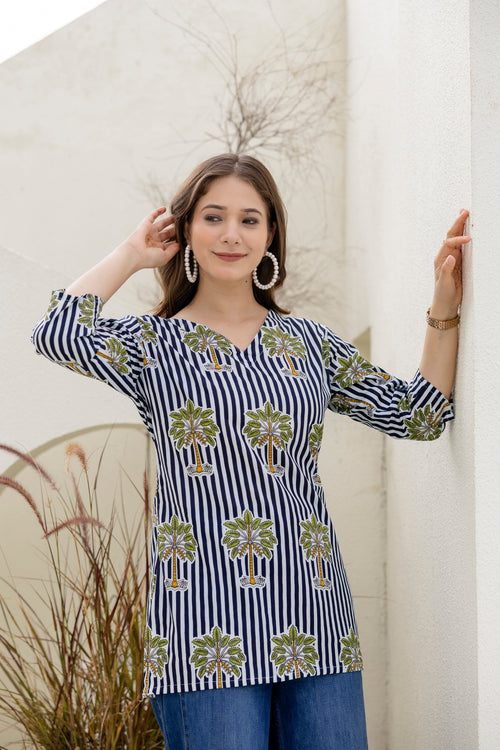 Palm Tree Print Navy Blue  Pure Cotton Short Kurti.
