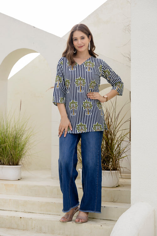 Palm Tree Print Navy Blue  Pure Cotton Short Kurti.
