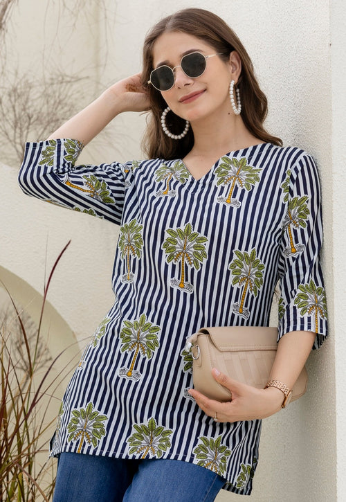 Palm Tree Print Navy Blue  Pure Cotton Short Kurti.