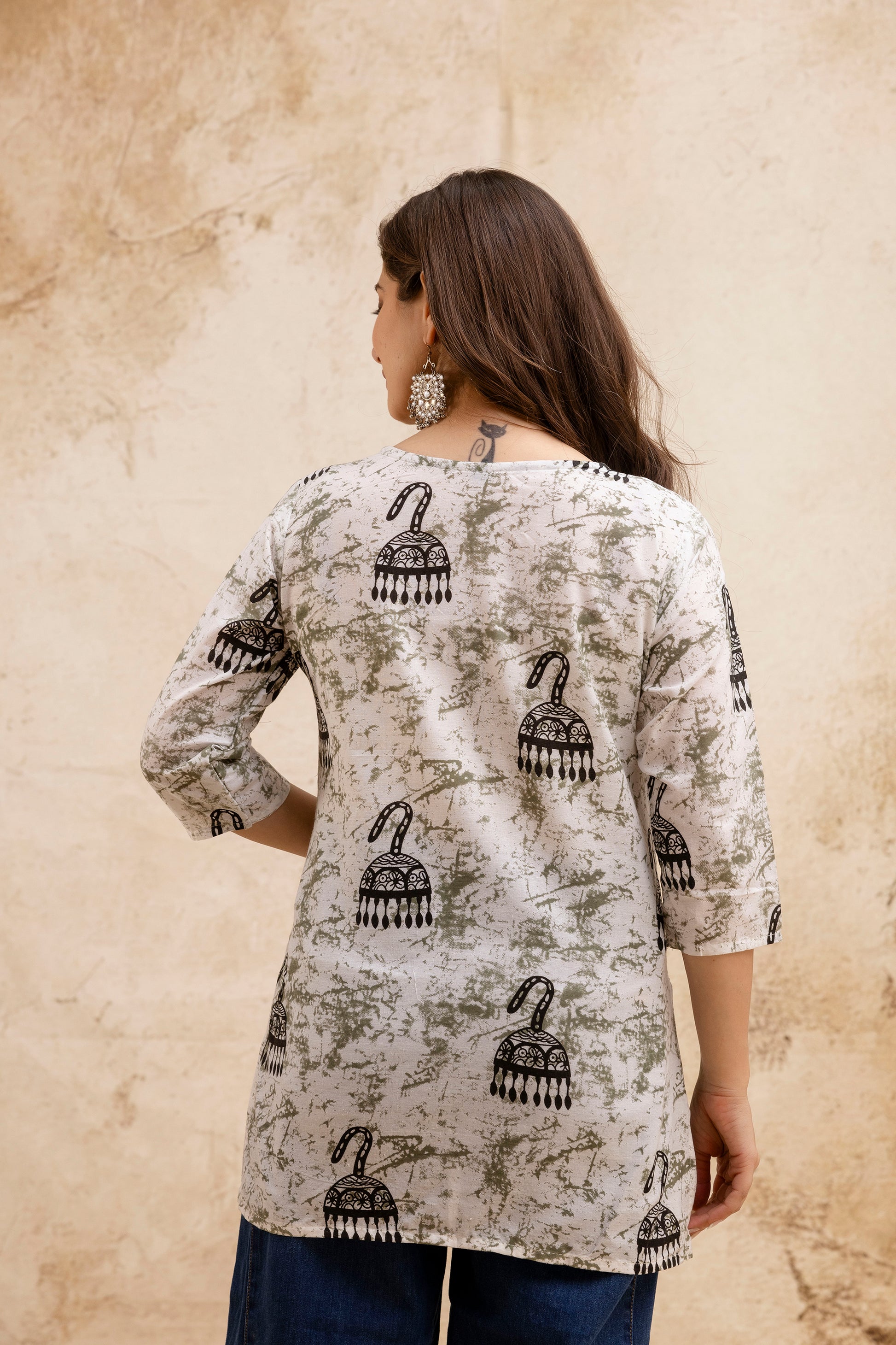 Cream & Black Jhumka Print Pure Cotton Short Kurti